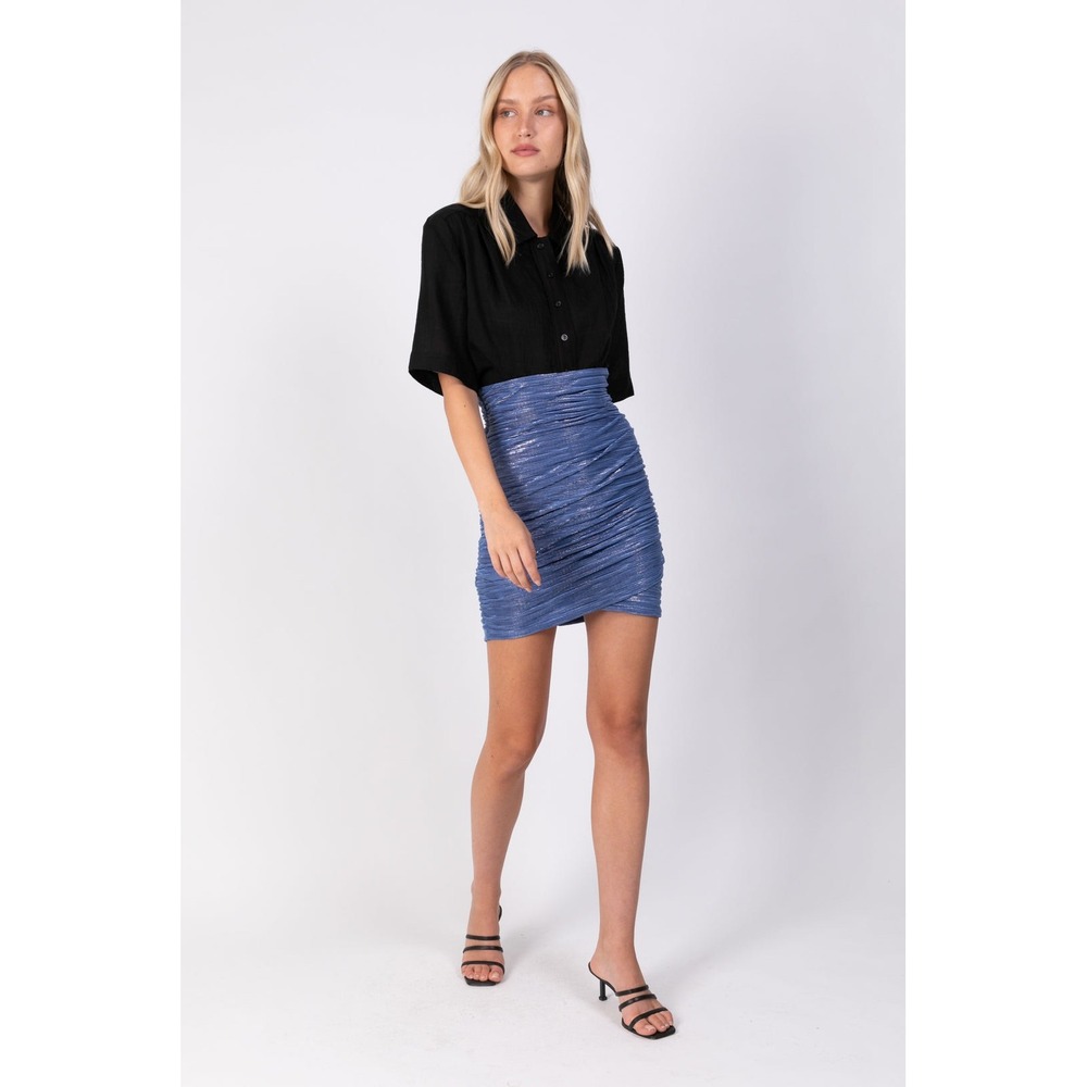 SABINA MUSAYEV Metallic Navy Blue Plissé Makara Mini Skirt XS